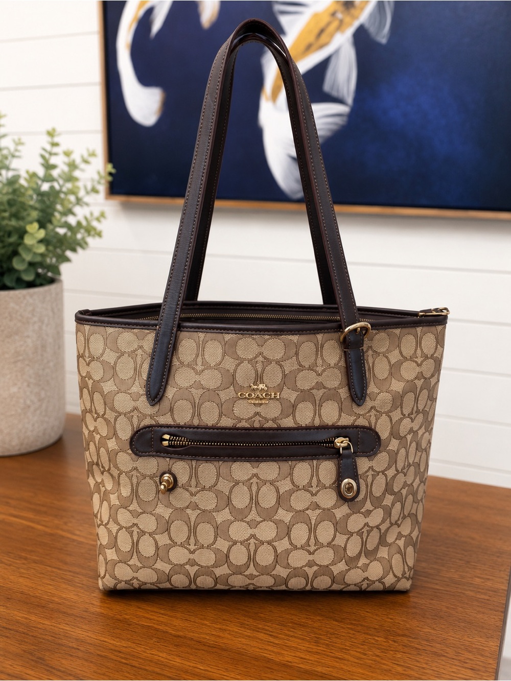 Coach Signature Taylor Canvas Tote in Tan with Dark Brown Trim